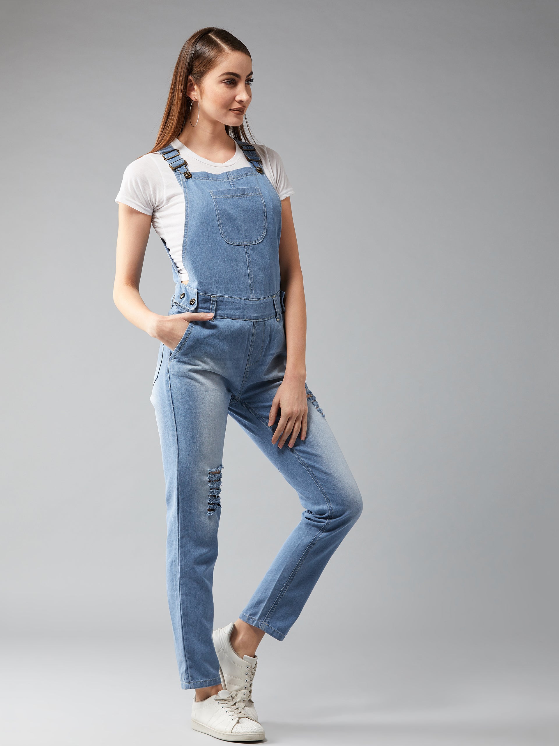 Women's Light Blue Regular Fit Mid Rise Regular Length Ripped Denim Dungaree