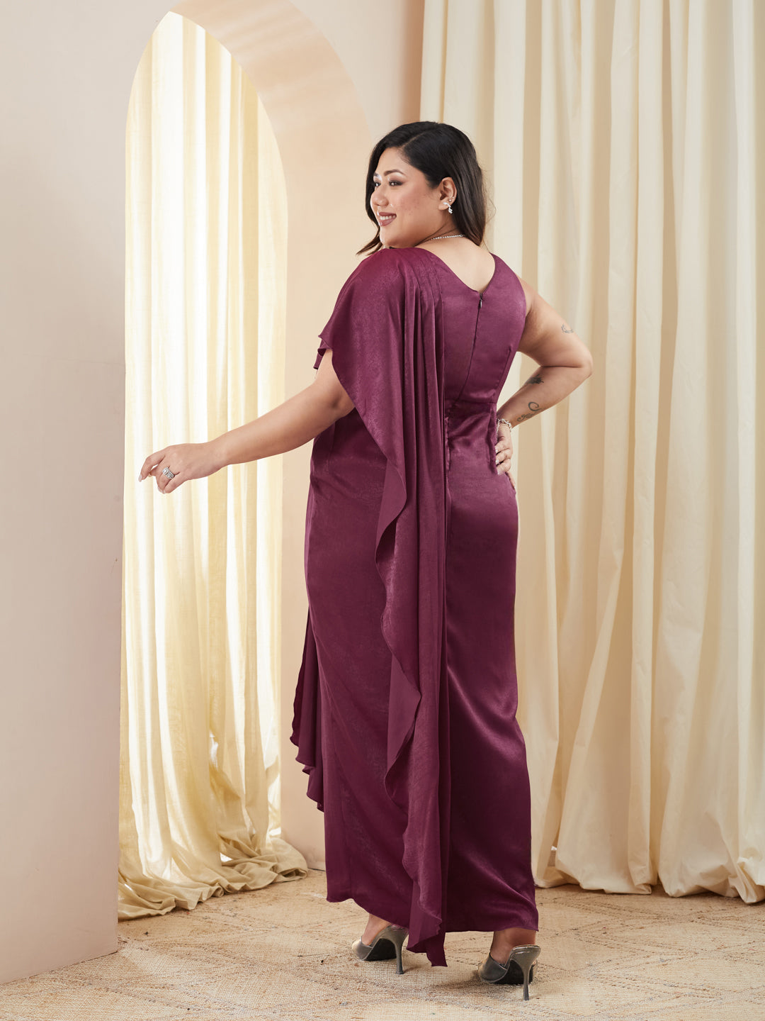 Wine Sweetheart Embellished Gown in Pleated Satin for Women