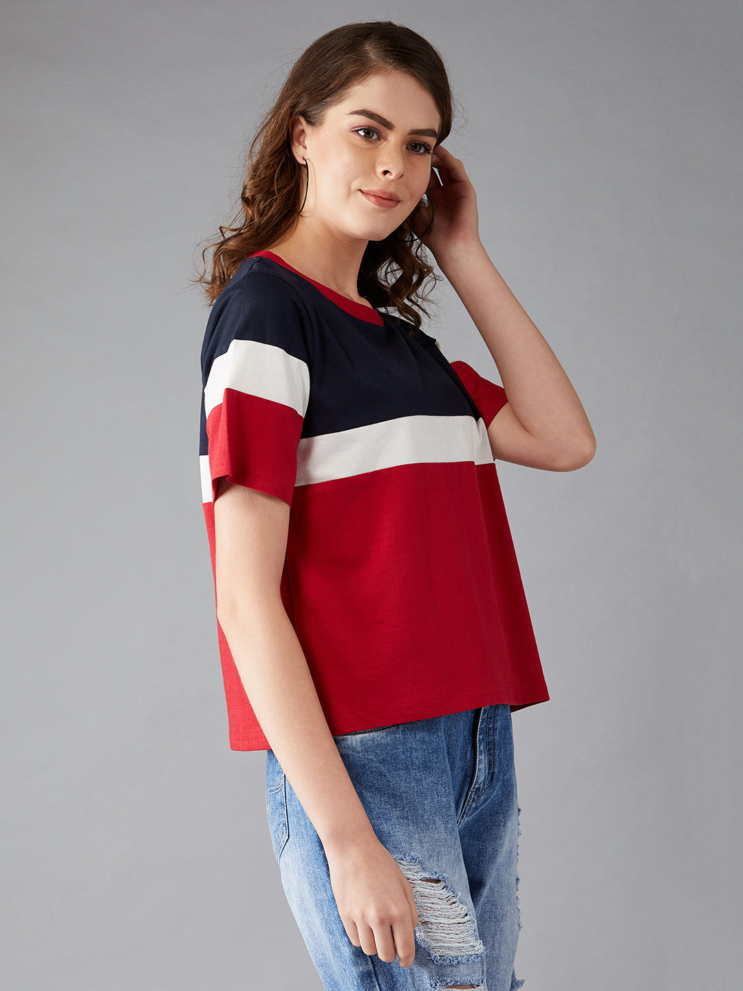 Women's Red Round Neck Half Sleeve Paneled Solid Regular T-Shirt