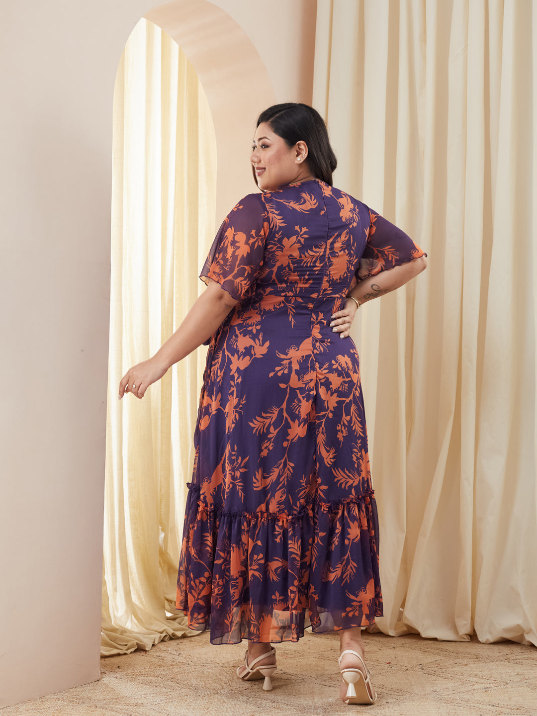 Purple & Orange Floral Wrap Chiffon Maxi Dress with Flutter Sleeves & Frilled Hem for Women