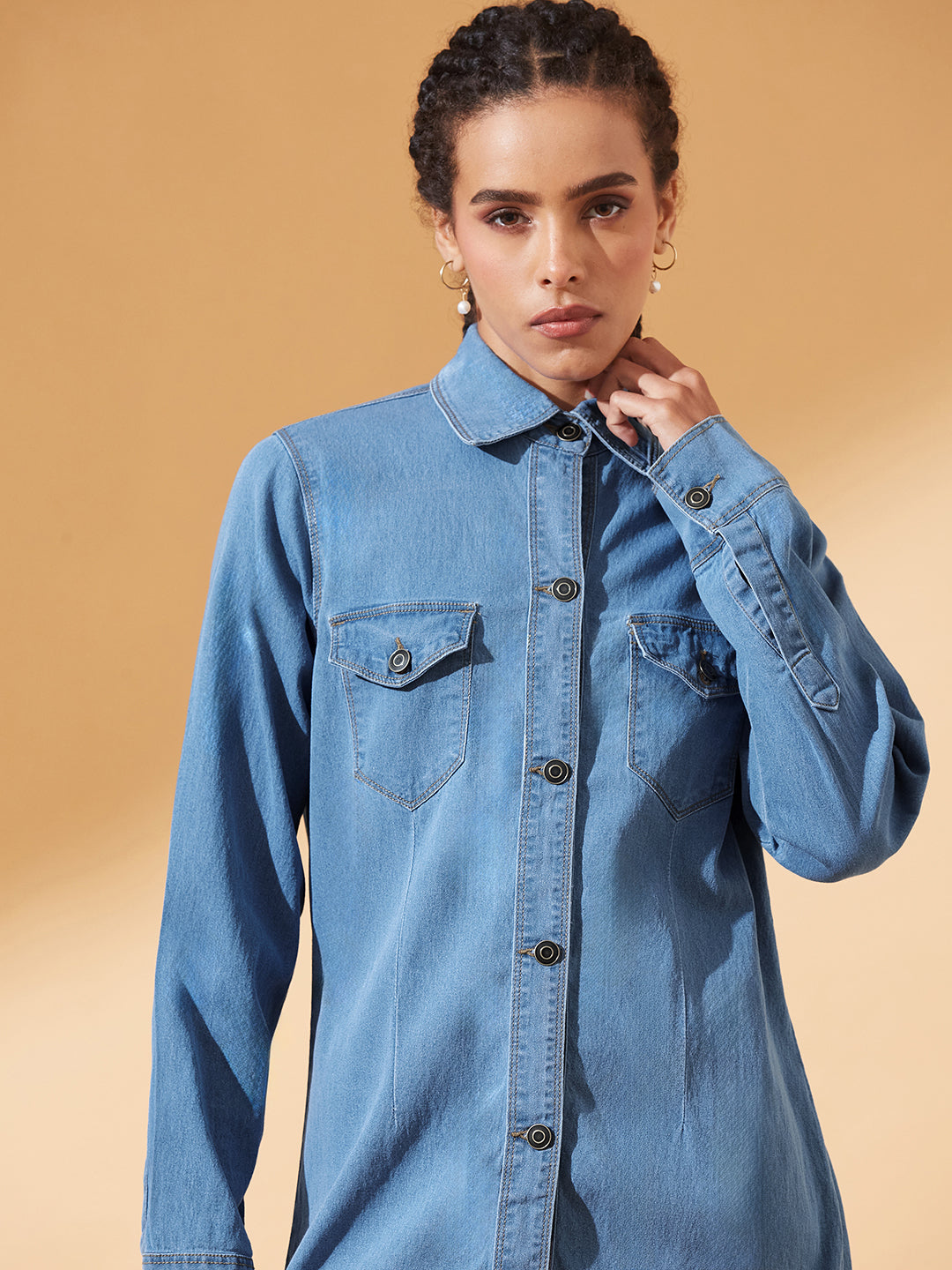 Blue Polo Neck Full Sleeves Denim Knee-Long Shrug for Women