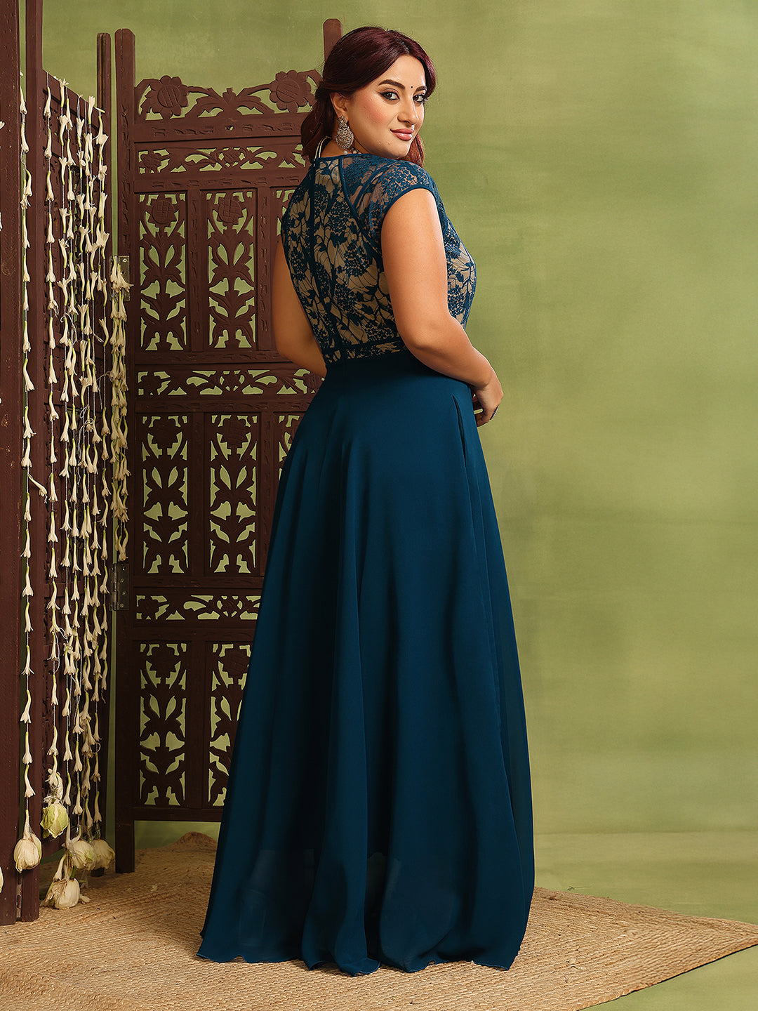 Women's Teal Floral V-Neck Cap-Sleeves Lace-Overlaid Fit & Flare Paneled Maxi Dress