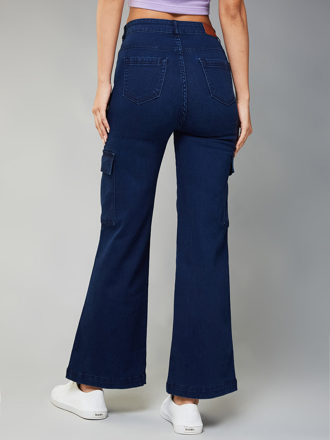 24/7 Comfort Women's Navy Blue Wide-Leg High Rise Clean Look Regular-Length Stretchable Denim Cargo Jeans