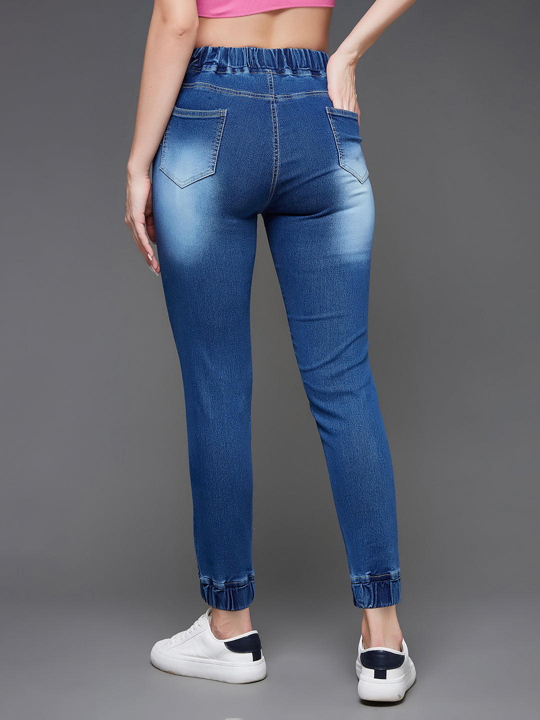 Women's Navy Blue Relaxed Fit Mid Rise Clean Look Scraping Detail Ankle Length Denim Joggers