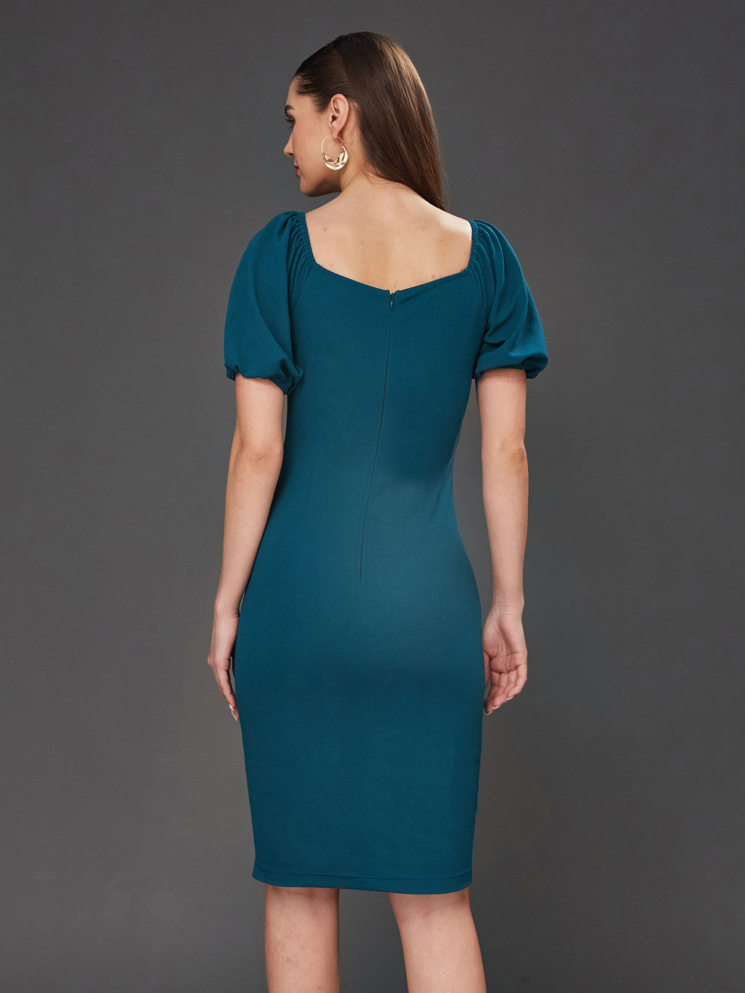 Crease Ease Women's Teal Solid Bodycon V-Neck Half Sleeve Slim Fit Knee-Long Dress