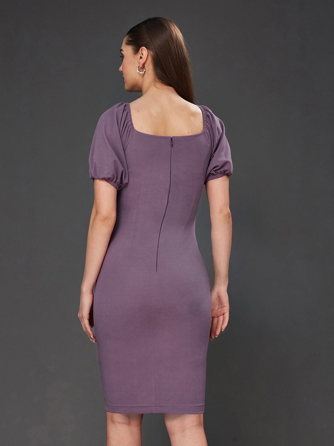 Crease Ease Women's Dark Lavender Solid Bodycon V-Neck Half Sleeve Slim Fit Knee-Long Dress