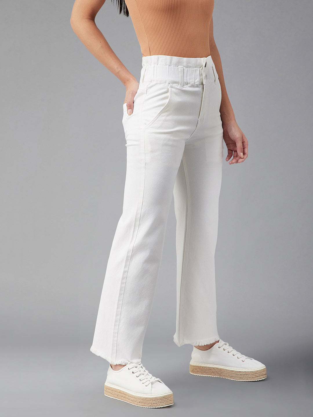 24/7 Comfort Women's White Flared High Rise Ankle length Stretchable Denim Jeans