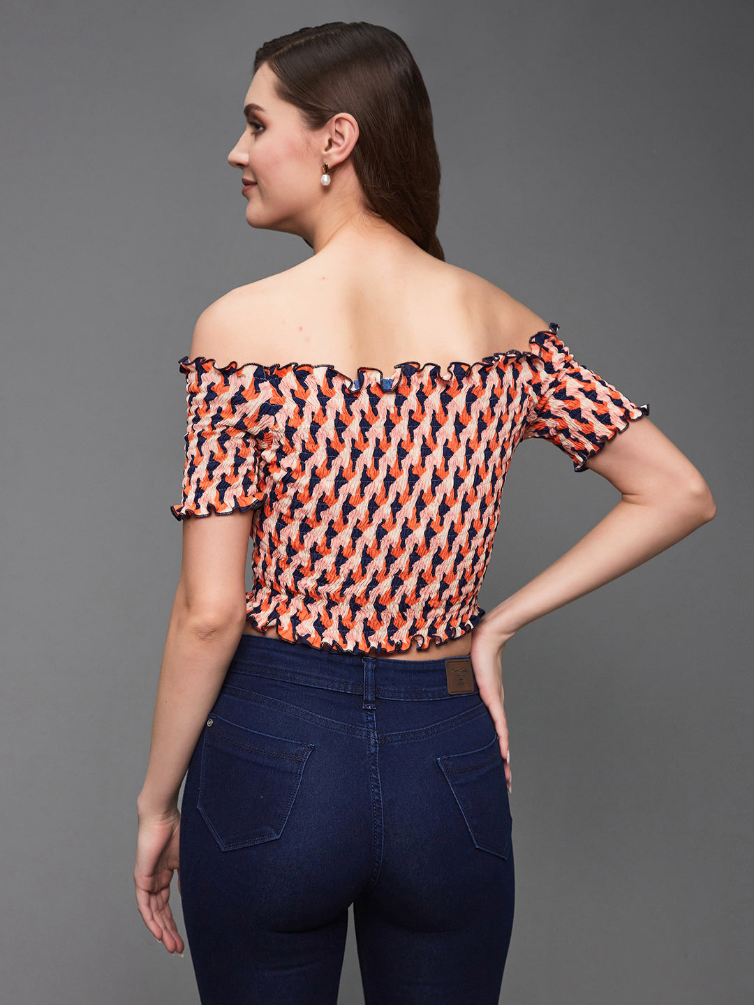 Women's Orange And Navy Bardot Half Sleeve Geometric Patterned Off Shoulder Smocked Crepe Crop Top