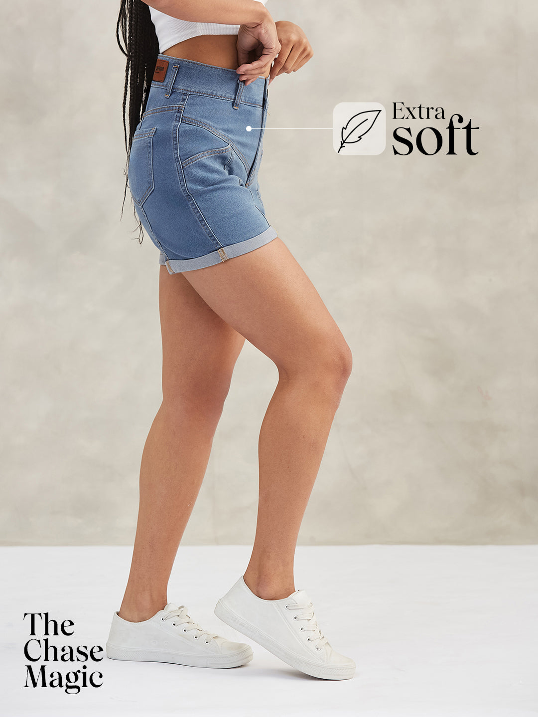 Blue Relaxed-Fit High-Rise Stretchable Blue Denim Shorts for Women — Dolce Crudo