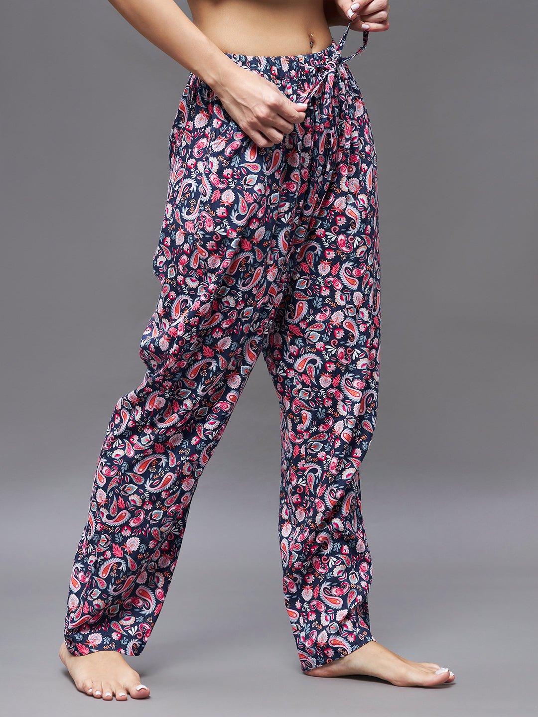 Women's Navy blue and pink Printed Tie-Up Waist Regular Pajama