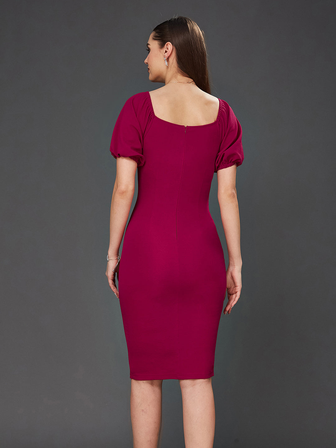 Crease Ease Women's Dark Pink Solid Bodycon V-Neck Half Sleeve Slim Fit Knee-Long Dress