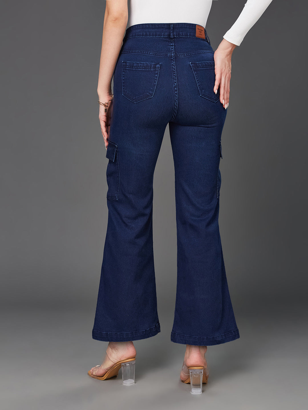 24/7 Comfort Women's Navy Blue Wide-Leg High-Rise Clean-Look Regular-Length Stretchable Denim Cargo Jeans