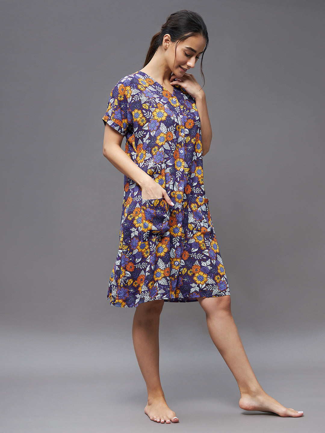 Women's Purple V Neck Short Sleeve Printed Button Down Placket Knee-Long Shift Dress