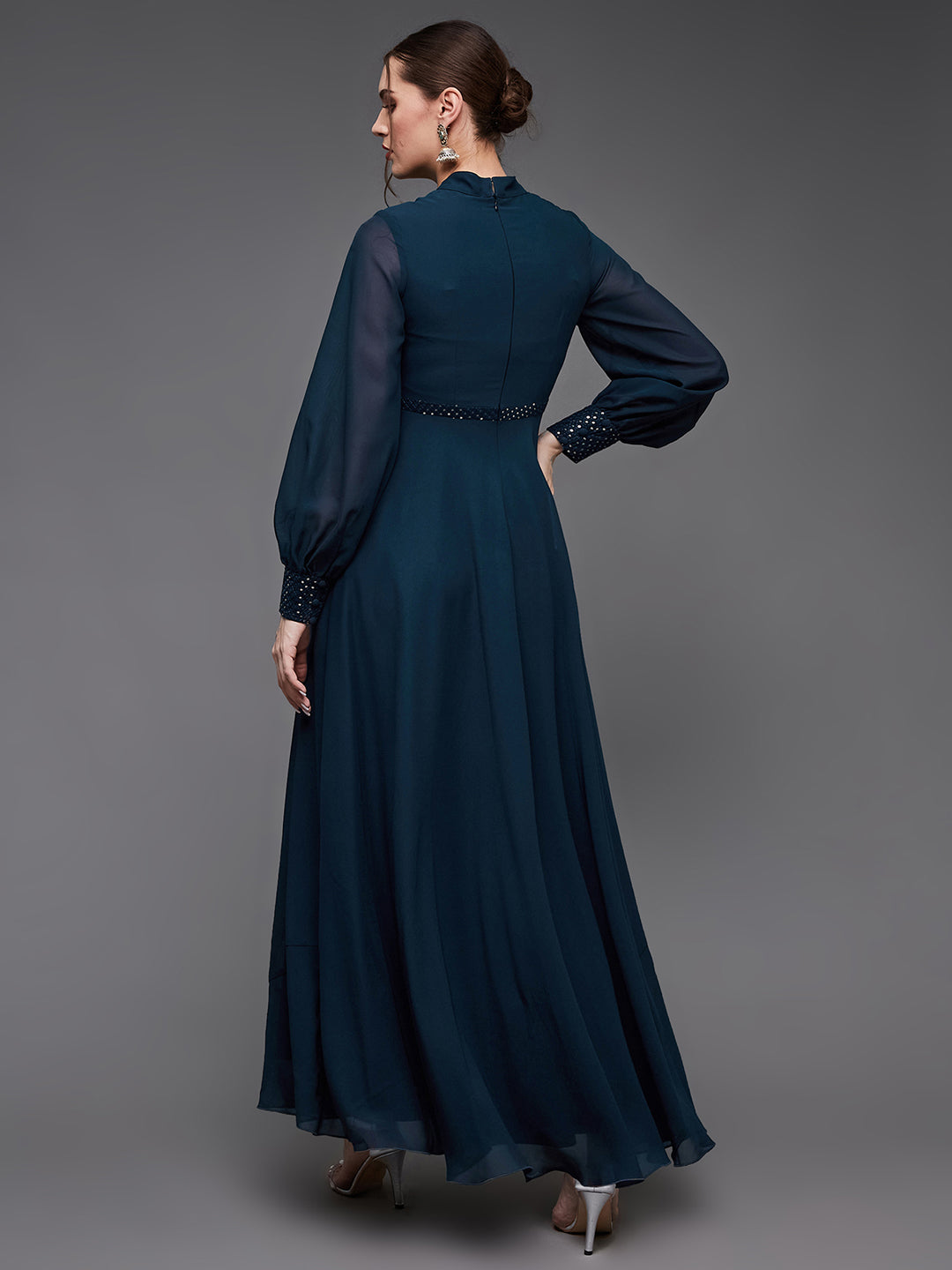 Women's Teal Mandarin-Collar Bishop Sleeve Embellished Panelled Georgette Maxi Dress