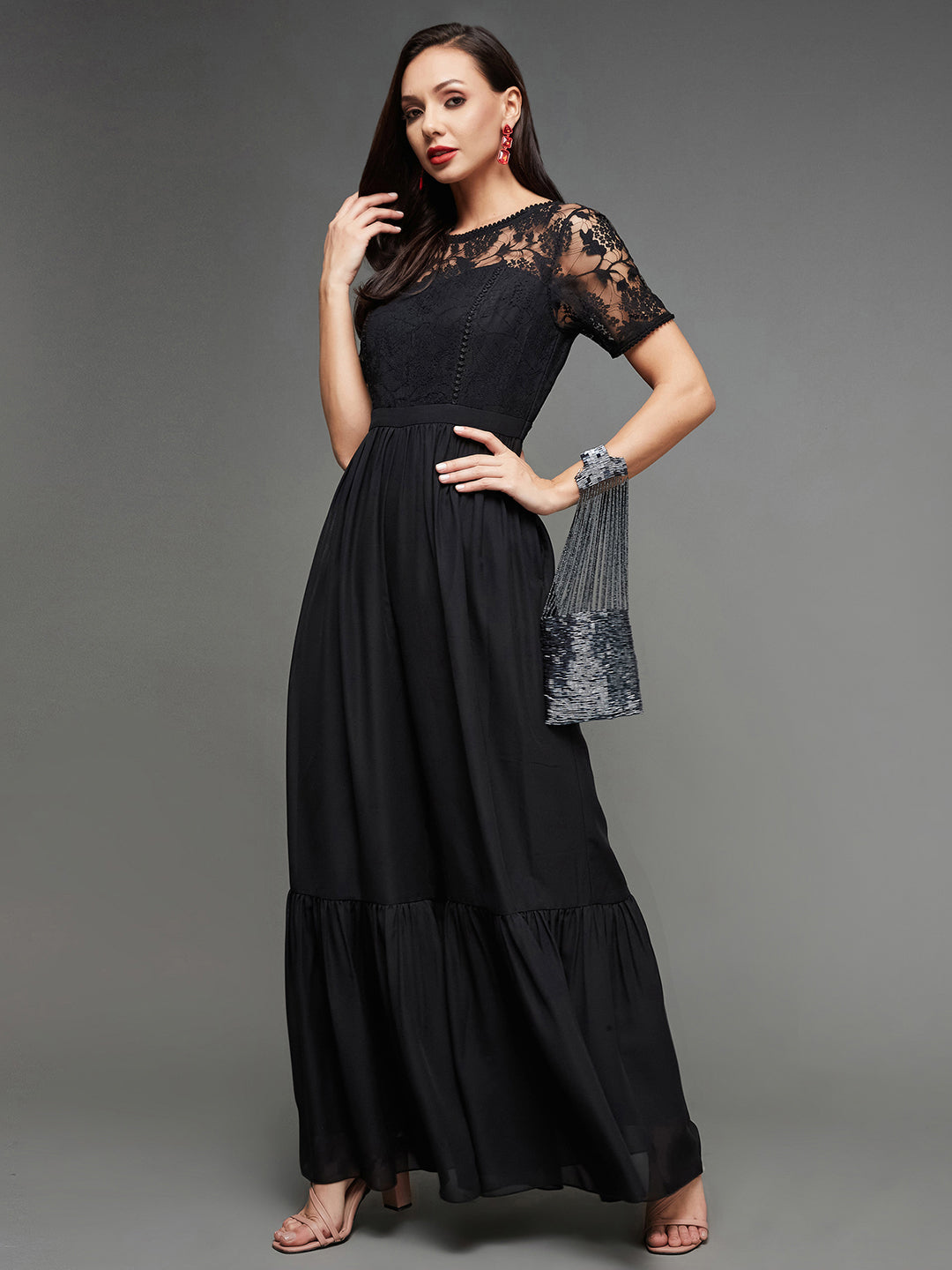 Women's Black Round Neck Short Sleeve Solid Lace Overlaid Regular Jumpsuit