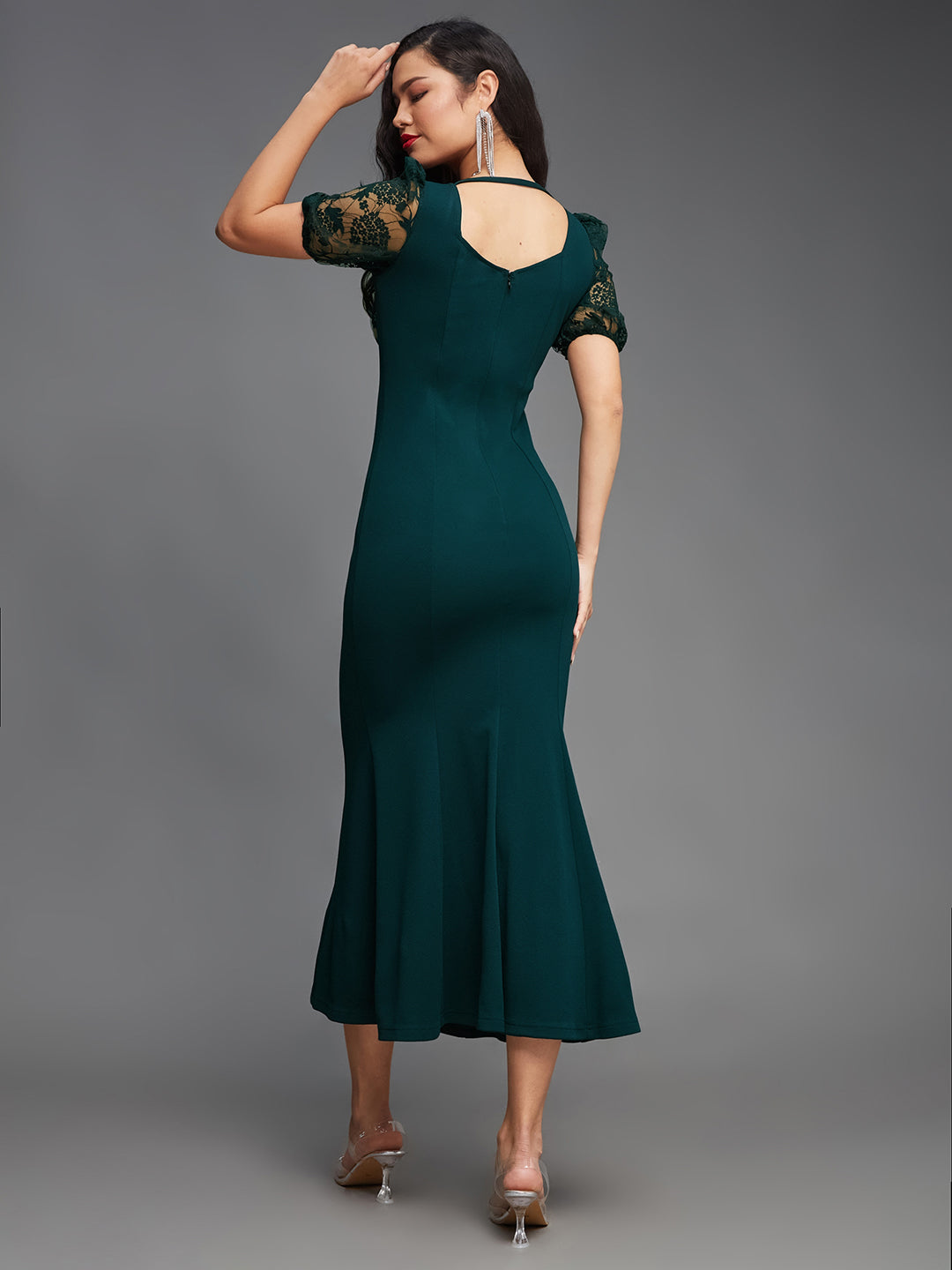 Crease Ease Women's Dark Green Square Puff Sleeve Solid Lace Overlaid Ankle Length Dress