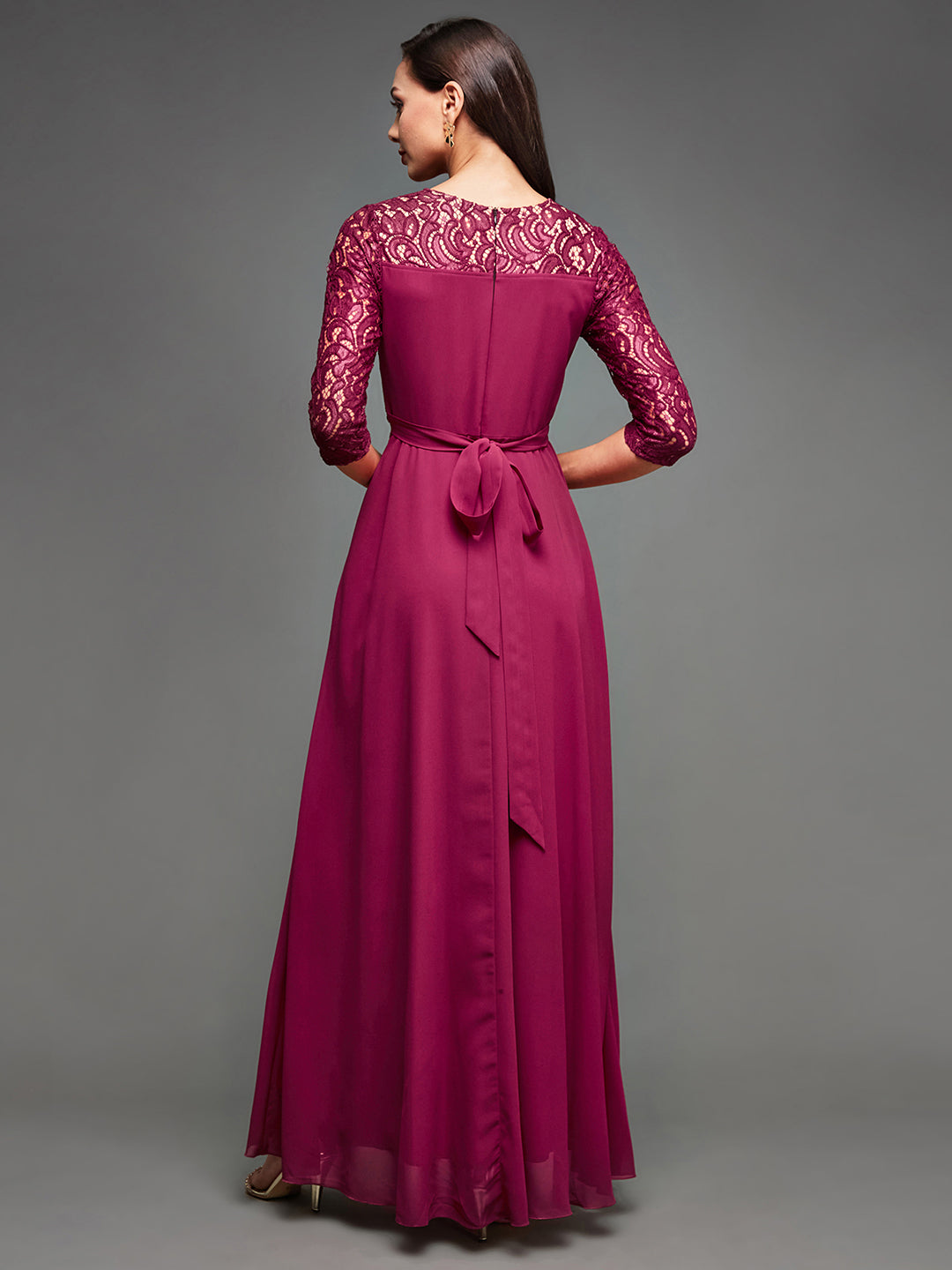 Women's Dark Pink Colored V-Neck Three-Quarter Sleeve Self-Designed Wrap Maxi Georgette Dress