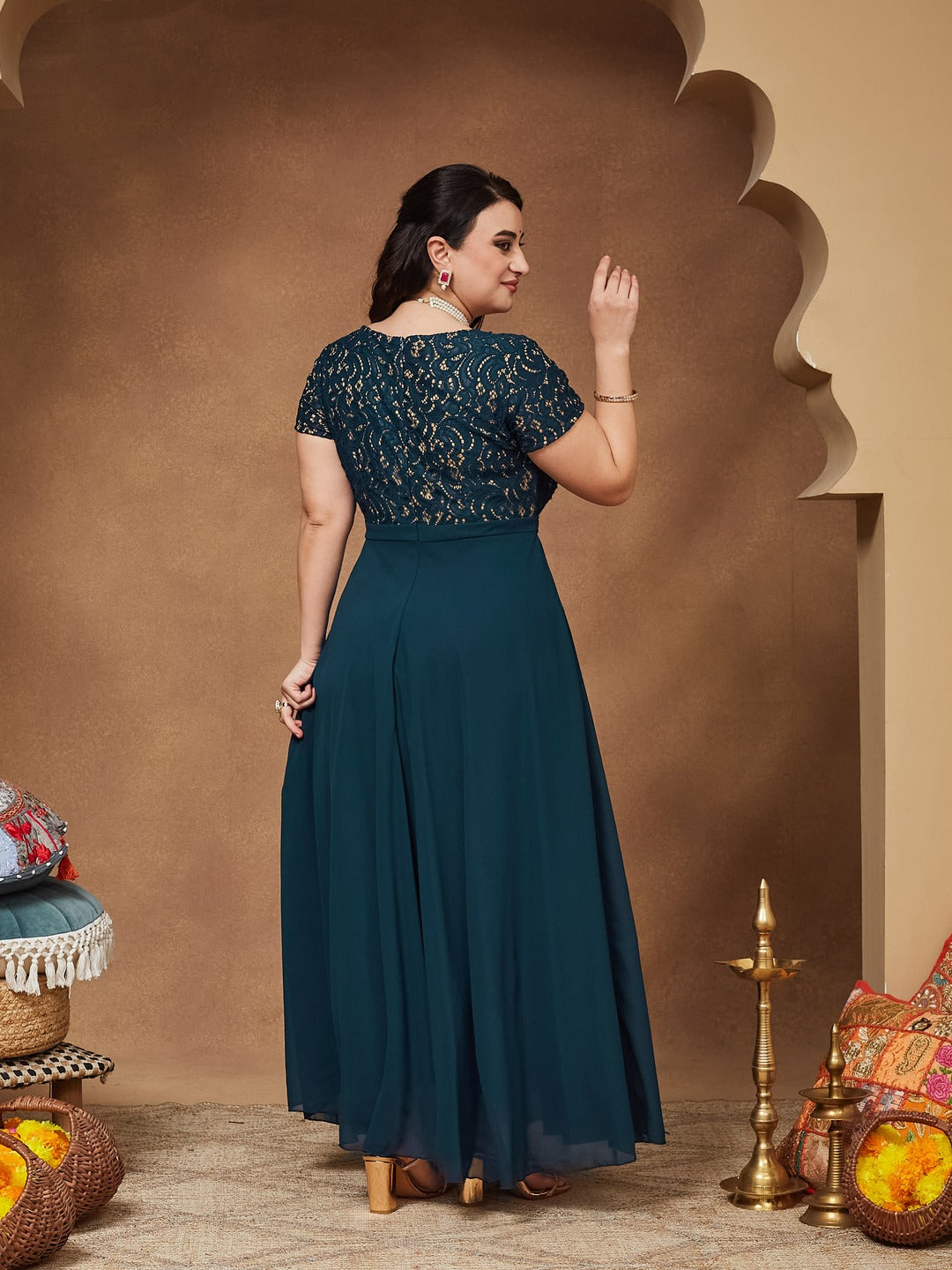 Teal V-Neck Short-Sleeve Self-Designed Lace Overlaid Georgette Maxi Dress for Women — Miss Chase A+