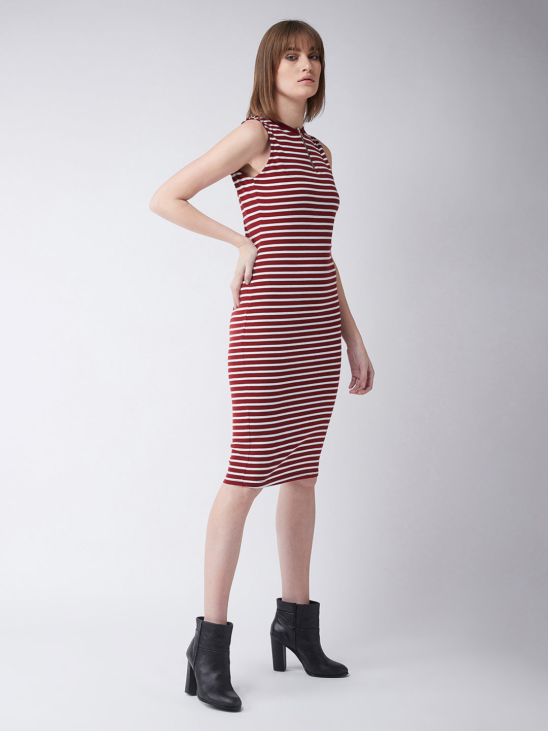 Women's Maroon and White Round Neck Sleeveless Striped Bodycon Dress