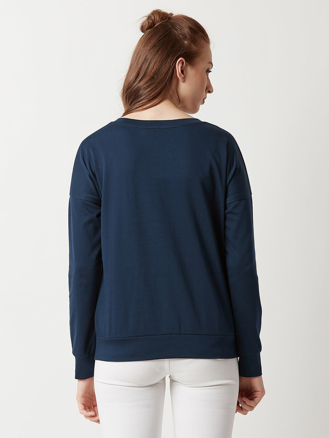 Navy-Blue Round Neck Solid Cotton Full Sleeves Boxy Sweatshirt for Women — Miss Chase