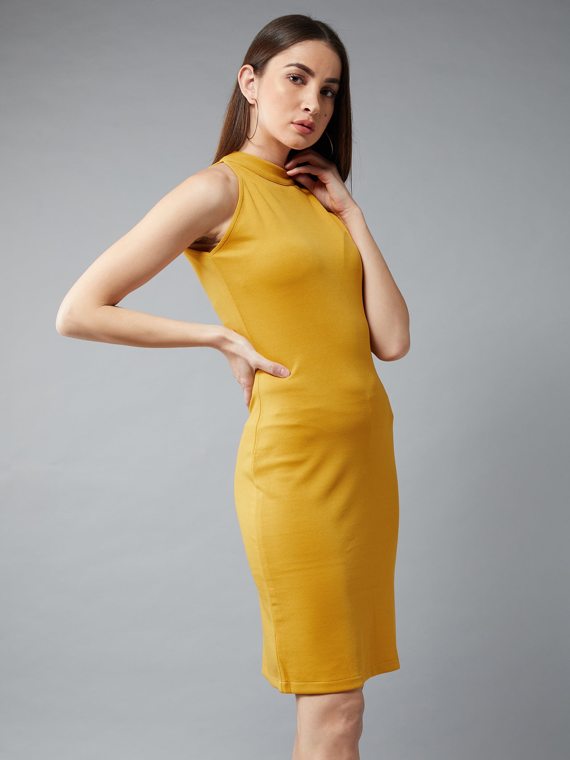 Women's Mustard Round Neck Sleeveless Solid Bodycon Knee Long Dress