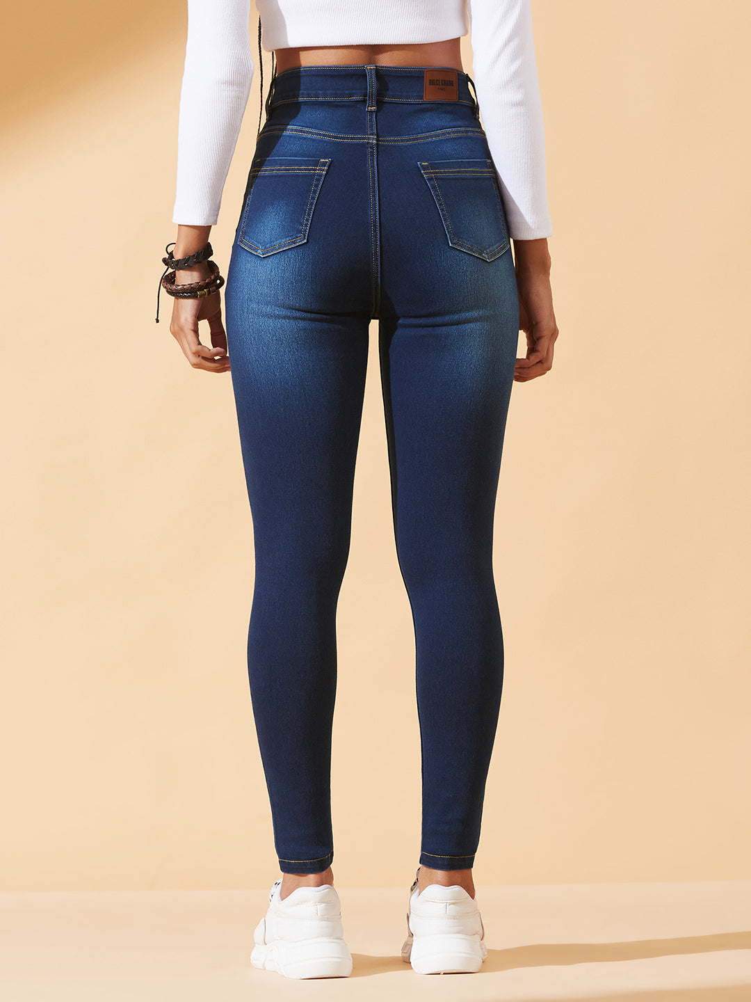High-Rise Navy Blue Skinny Jeans with Mild Distress, Whiskering & Cat Scratch Detailing For Women