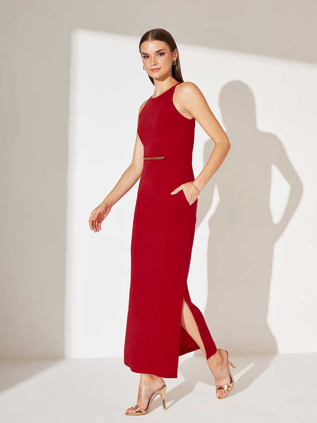 Women's Cherry Red Solid Slim Fit Round Neck Sleeveless Maxi Dress