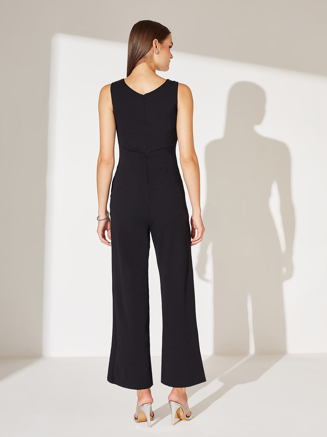 Women's Black Embellished Sweet-heart neck Sleeveless Side Pocketed Polyester Panelled Regular Jumpsuit