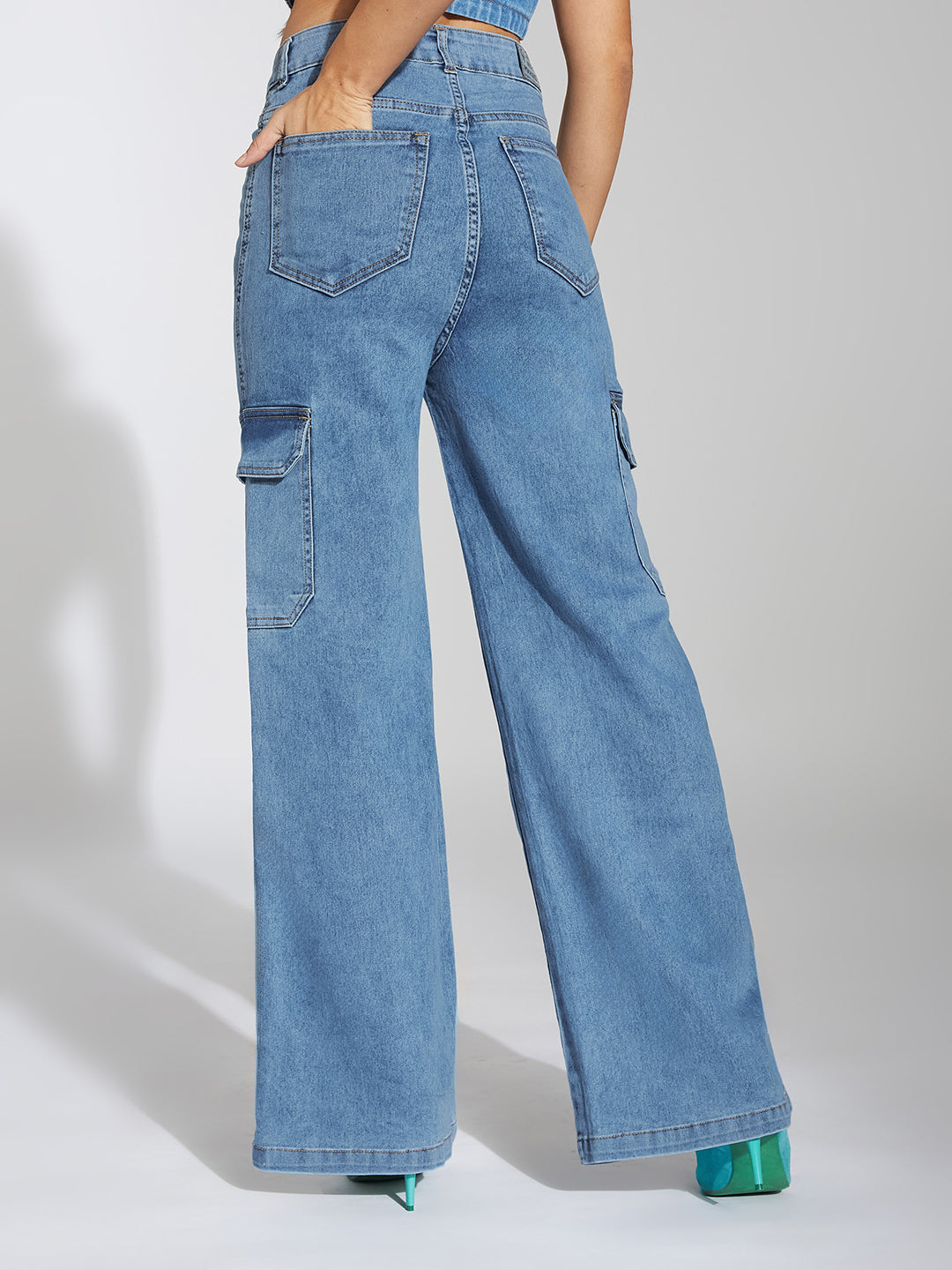 Women's Blue Wide-Leg High-Rise Heavy Wash Stretchable Cargo Denim Jeans