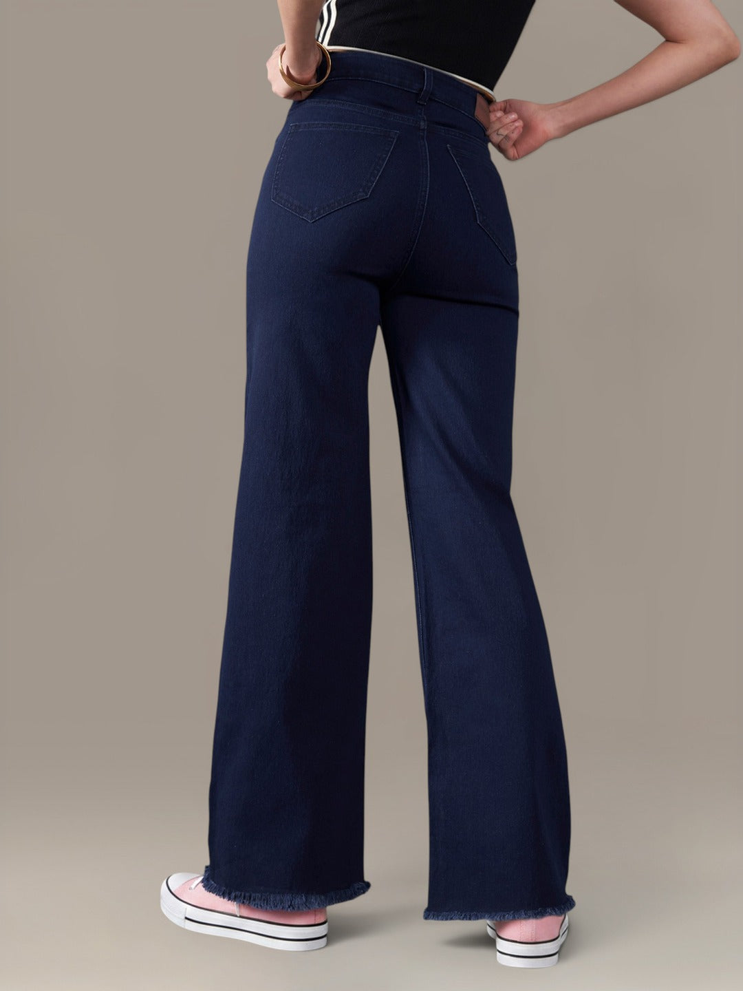 Navy Blue Wide-Leg High-Rise Stretchable Denim Jeans for Women