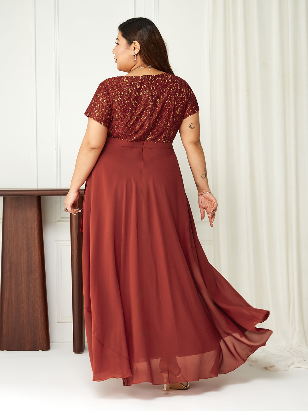 Women's Brick Red V-Neck Short Sleeve Self-Designed Lace Overlaid Georgette Maxi Dress