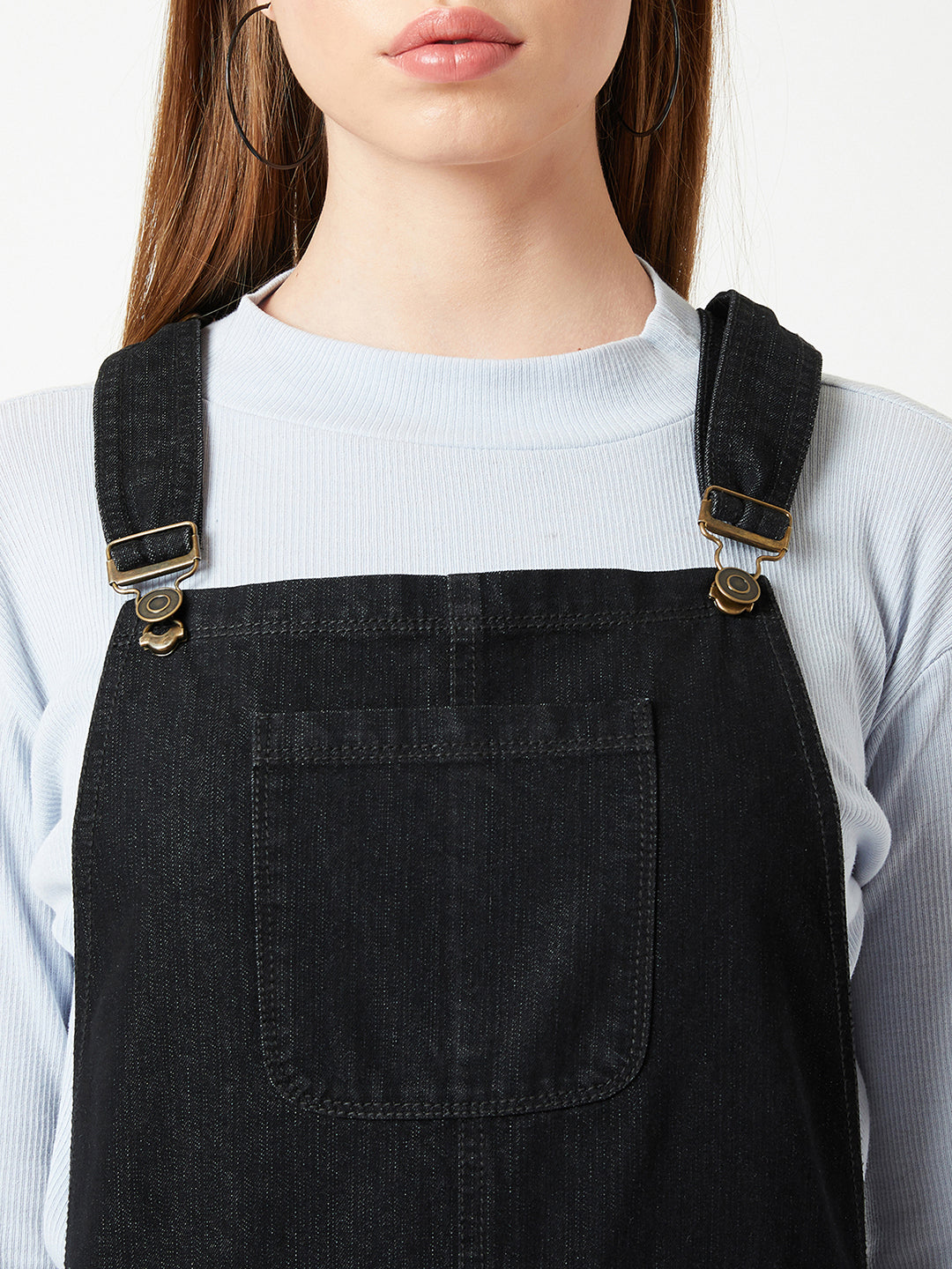 Women's Black High Rise Clean Look Regular Stretchable Skinny Denim Dungaree