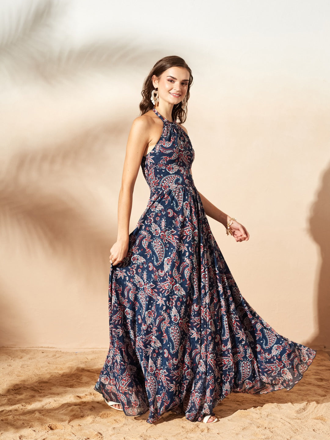 Navy Blue Halter Neck Floral Printed Maxi Dress for Women