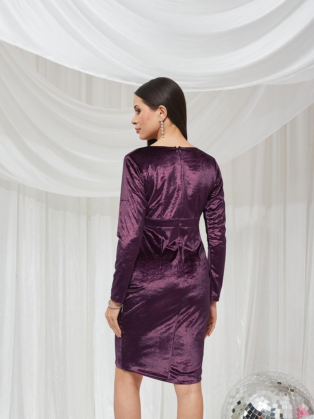 Dark Purple Velvet Wrap Knee-Length Dress with Draped Silhouette and Full Sleeves for Women — Miss Chase