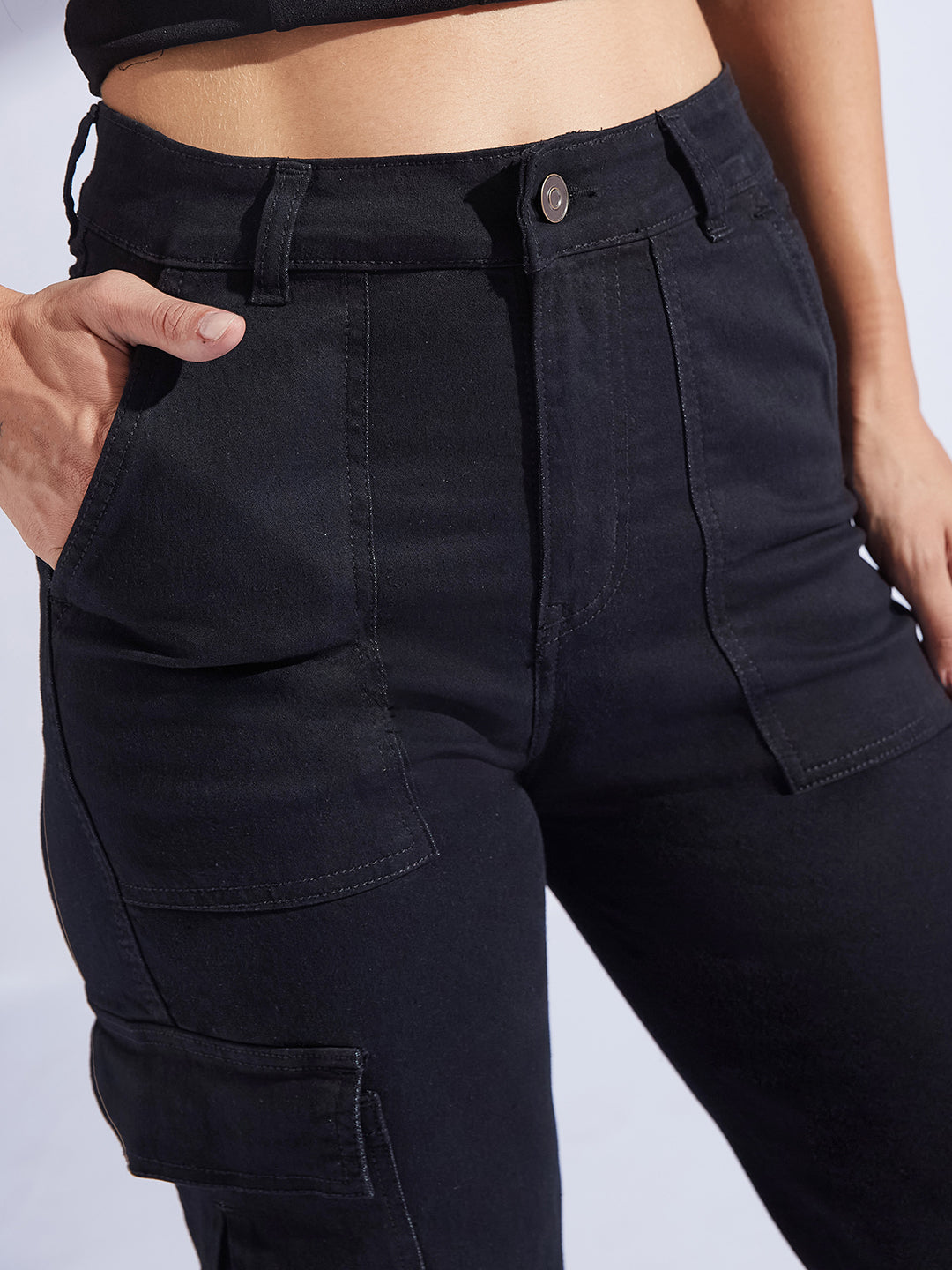 Women's Black Wide-Leg High-Rise Clean-Look Regular-Length Stretchable Denim Cargo Jeans