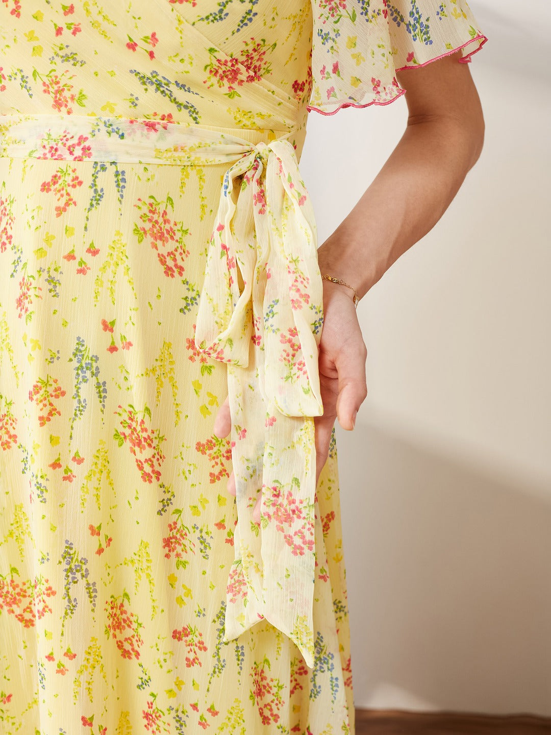 Yellow V Neck Flared Sleeve Floral Wrap Maxi Dress for Women