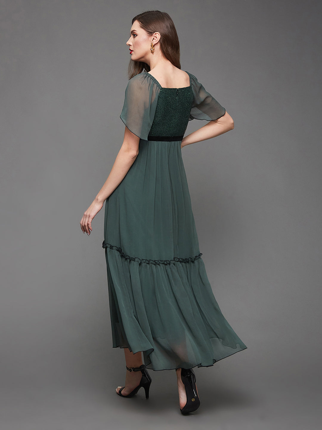 Women's Dark Green Embellished Square Neck Flared Sleeves Side Pocketed Chiffon Tiered Longline Dress