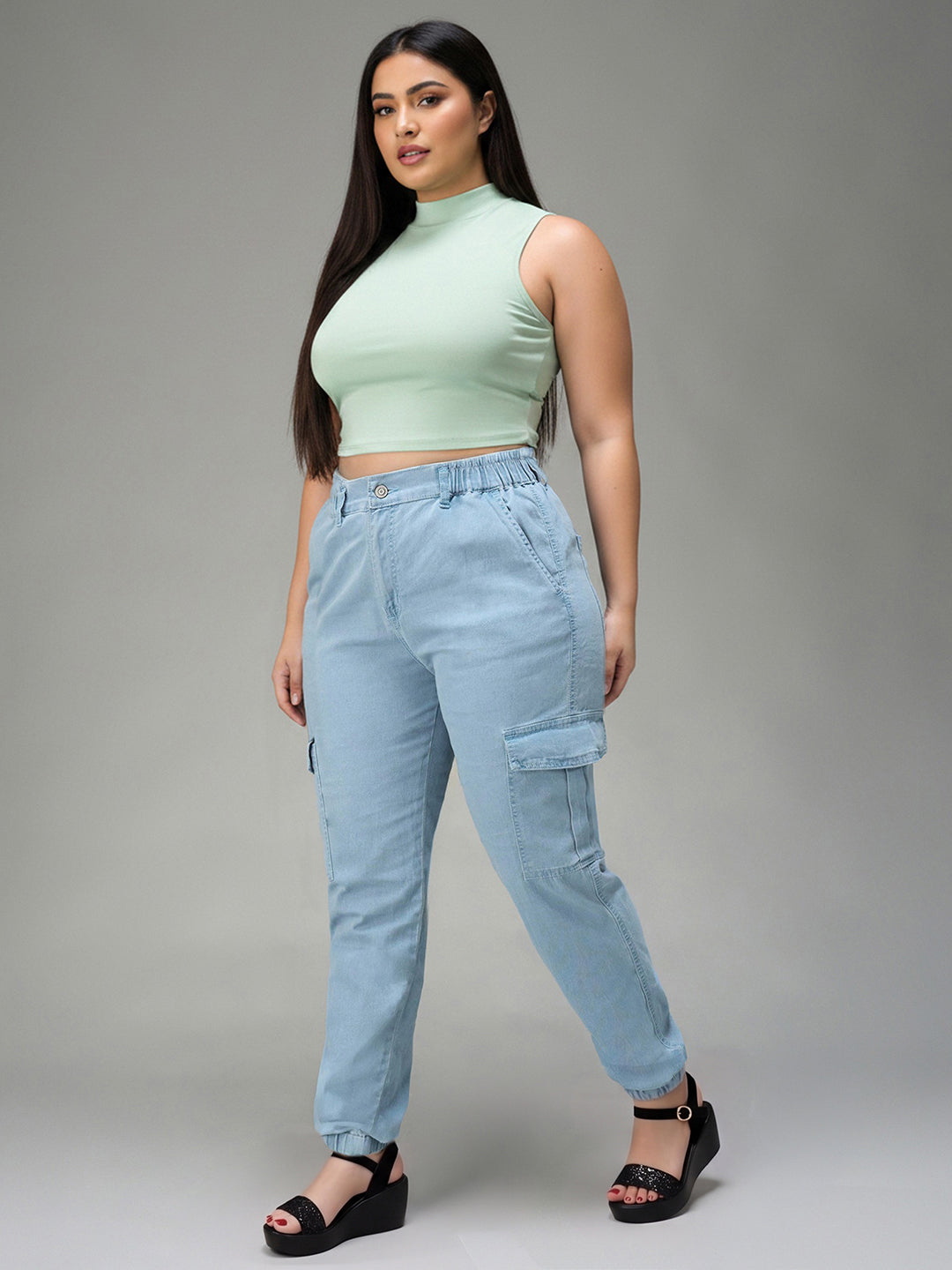 Light Blue Regular High Rise Regular Stretchable Light Weight Denim joggers for Women