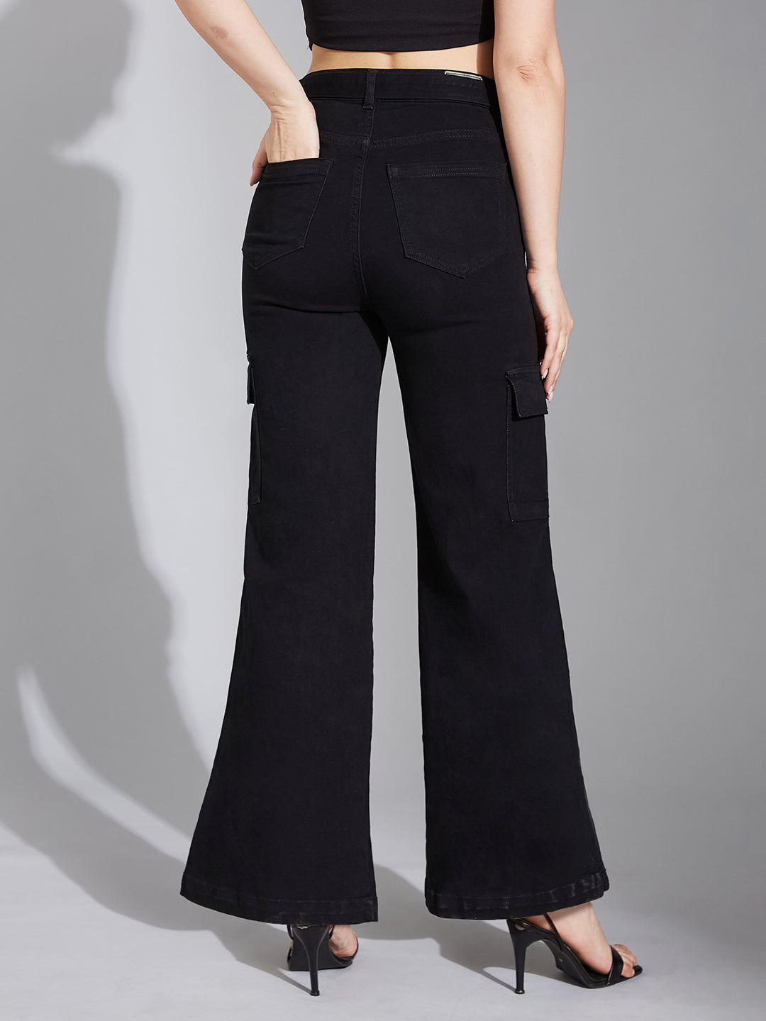 Women's Black Wide-Leg High-Rise Clean-Look Regular Stretchable Denim Jeans