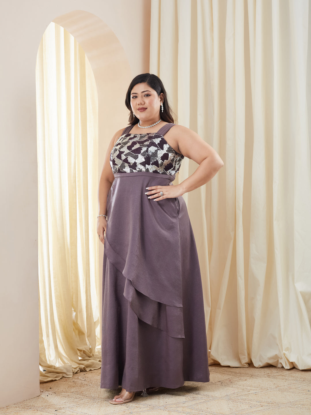 Dusty Purple Square Neck Gown in Layered Embellished Satin for Women