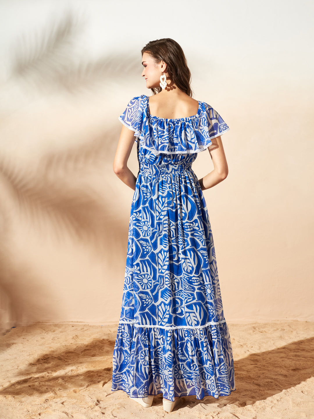 White & Blue Square Neck Cape Floral Tiered Maxi Chiffon Dress for Women — Miss Chase