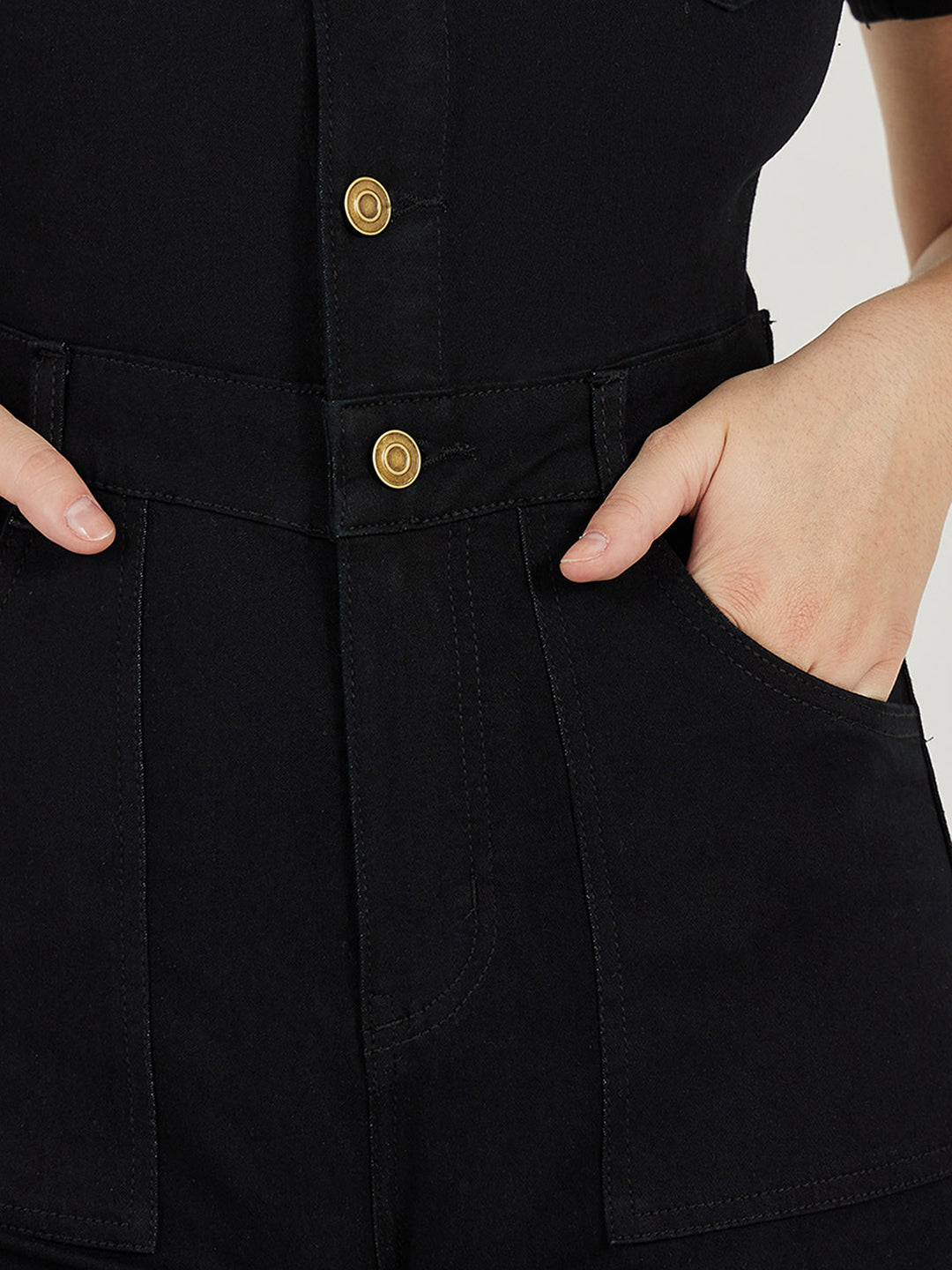 Women's Black Flared High-Rise Stretchable Denim Jumpsuit