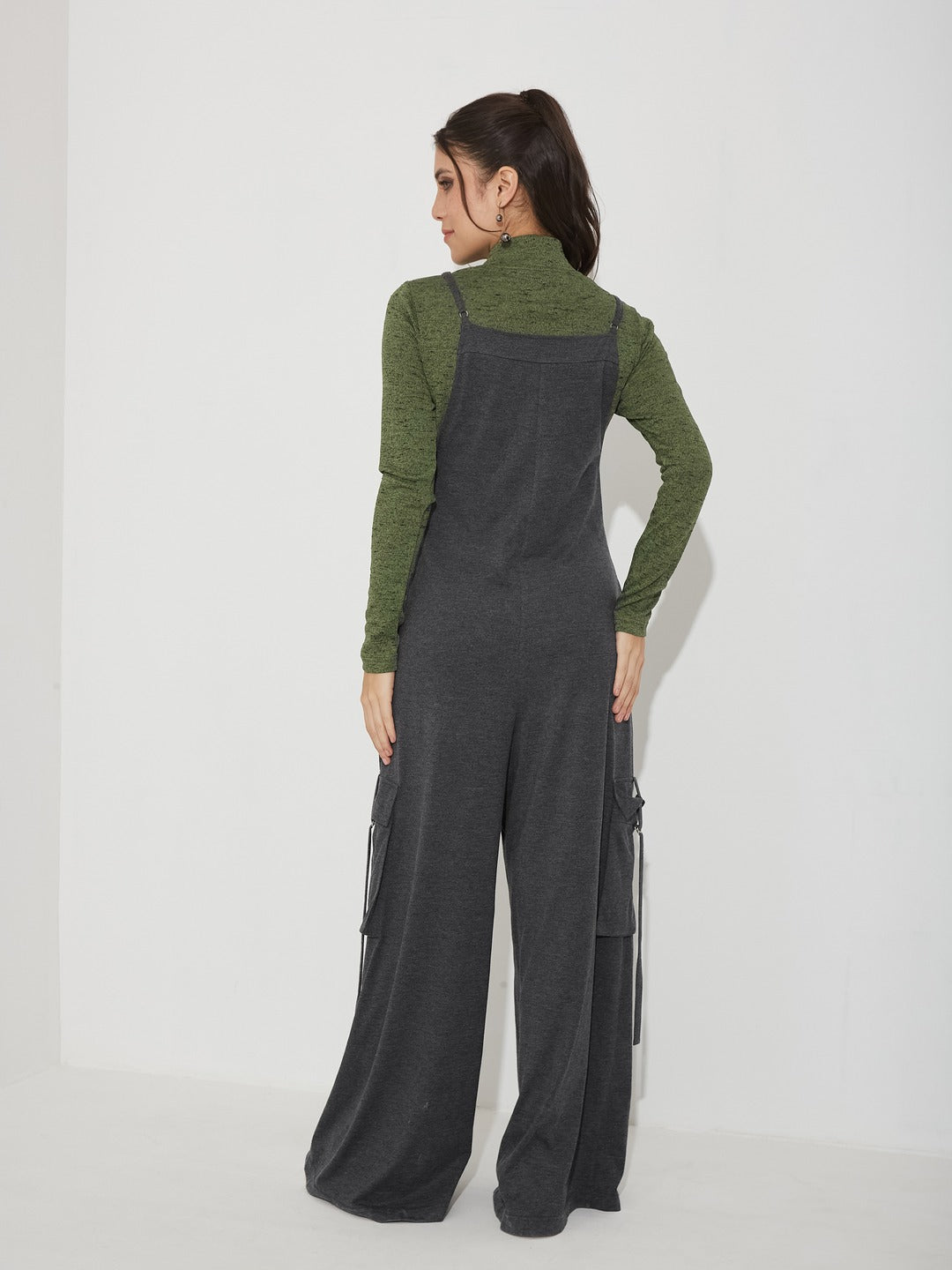Charcoal Grey and Green Turtle Neck Full Sleeve Solid Regular Fit Cotton Dungaree Co-Ord Set for Women