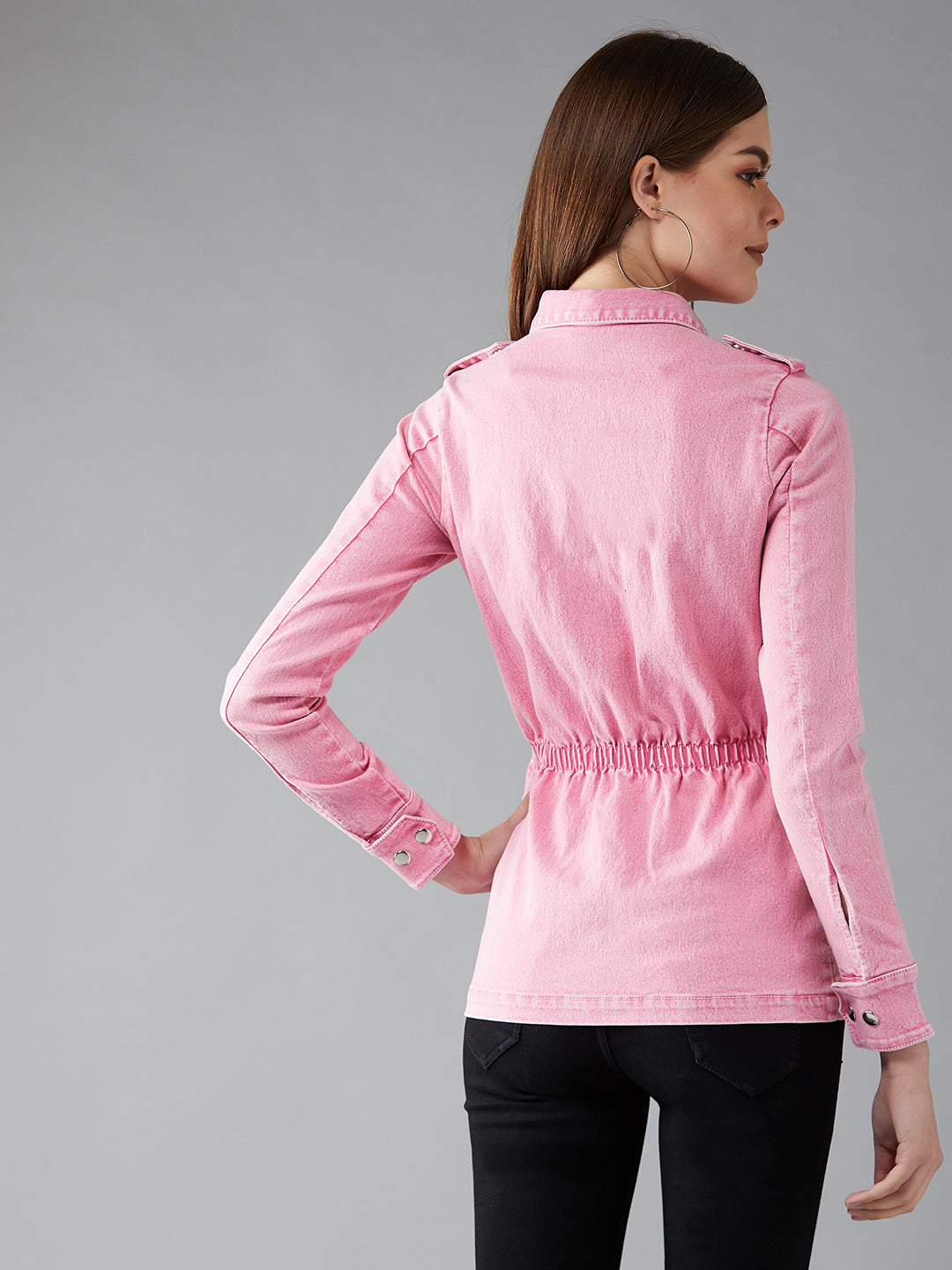 Women's Pink Polo Neck Full Sleeves Denim Solid Regular Length Jacket