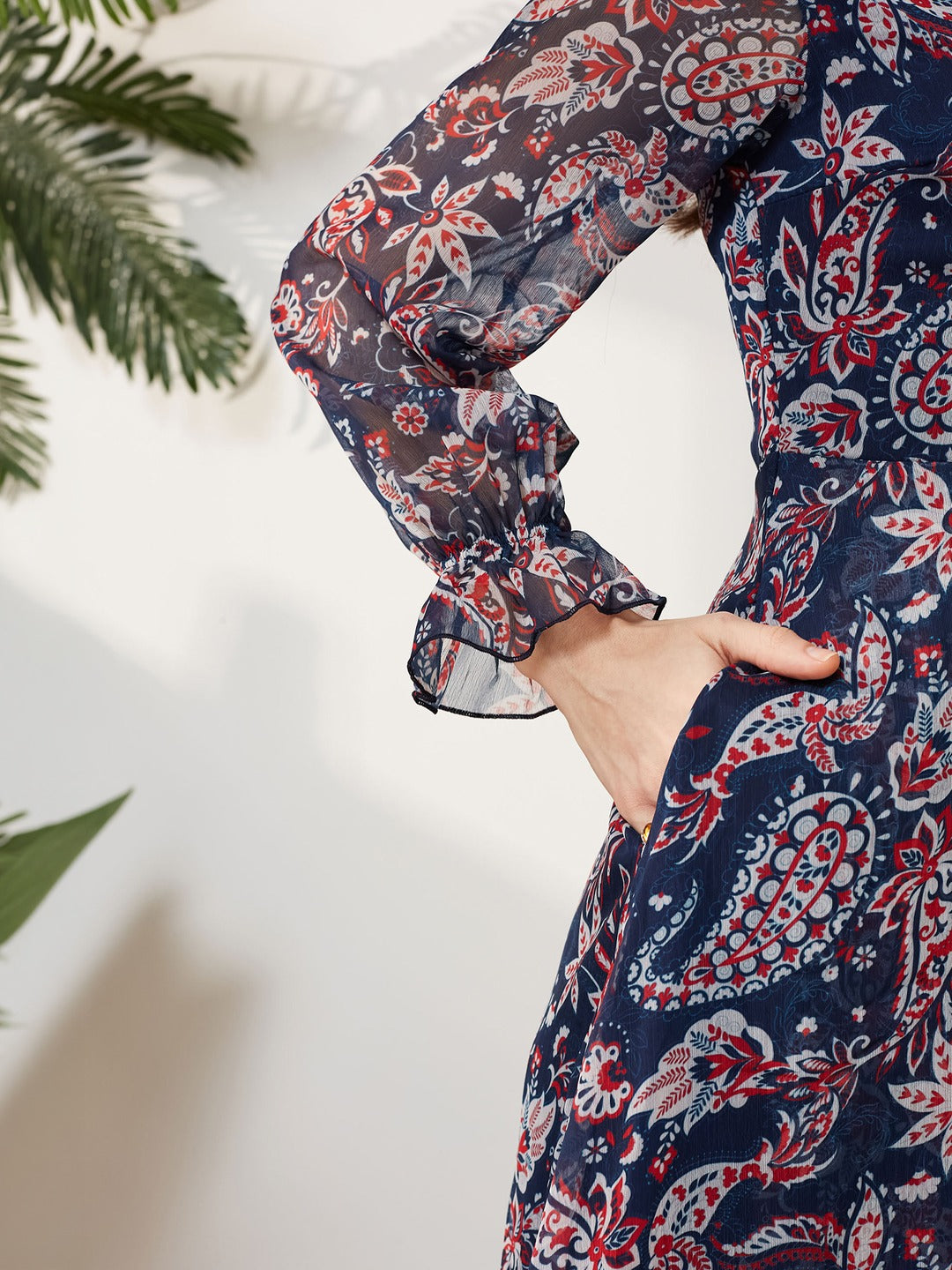 Navy Blue V Neck Full Sleeves Polyester Relaxed Fit Midi Length Dress for Women