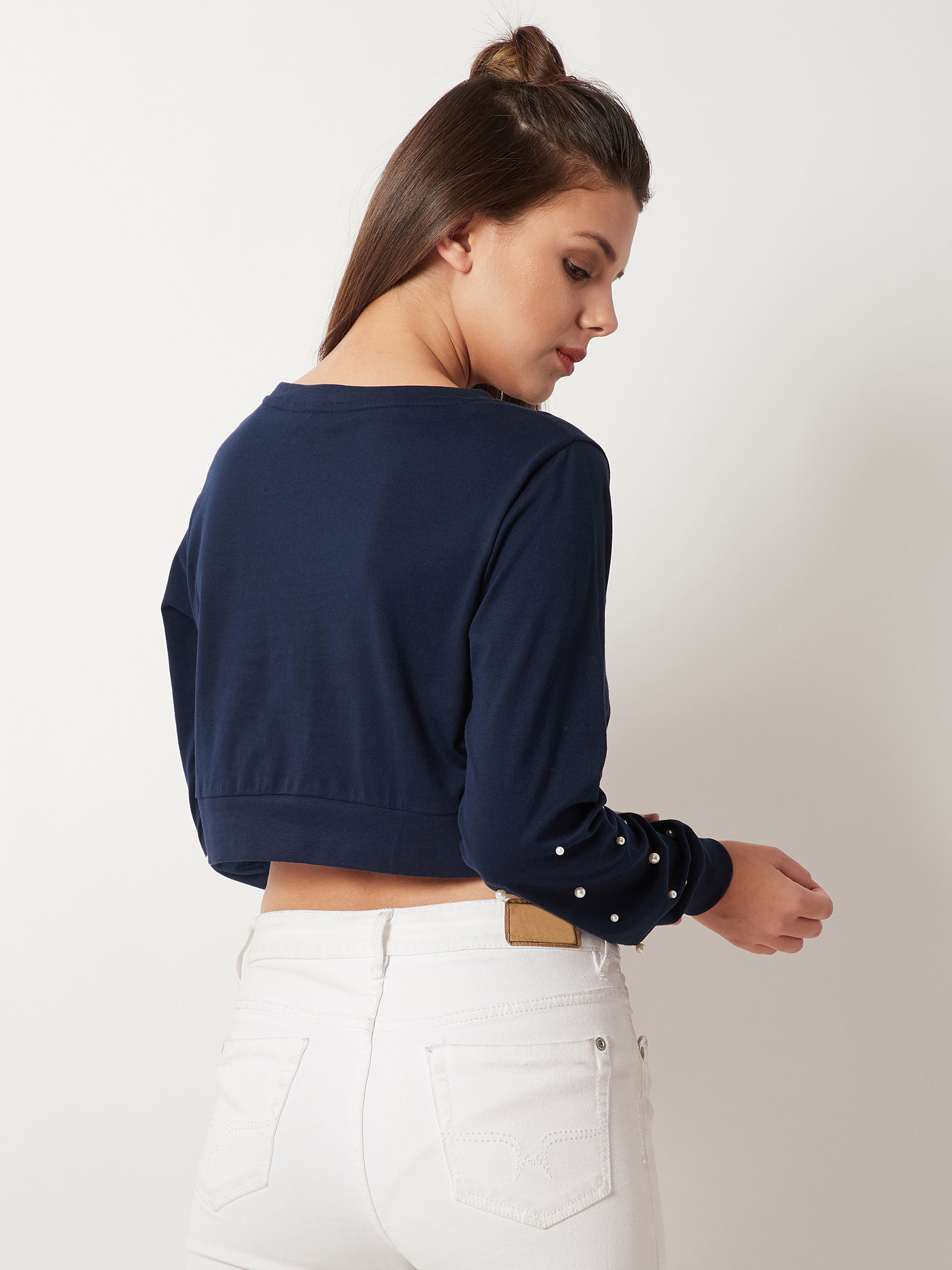Women's Navy Blue Round Neck Full Sleeve Cotton Pearl Detailing Solid Boxy Crop Top
