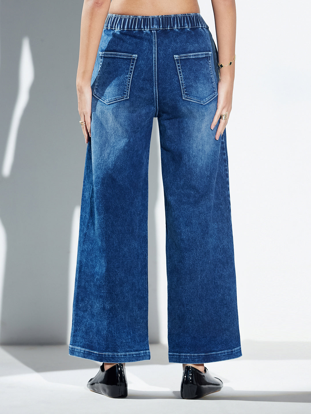 Navy Blue Wide Leg High-Rise Elasticated Waist Heavy Wash Stretchable Denim Jeans For Women
