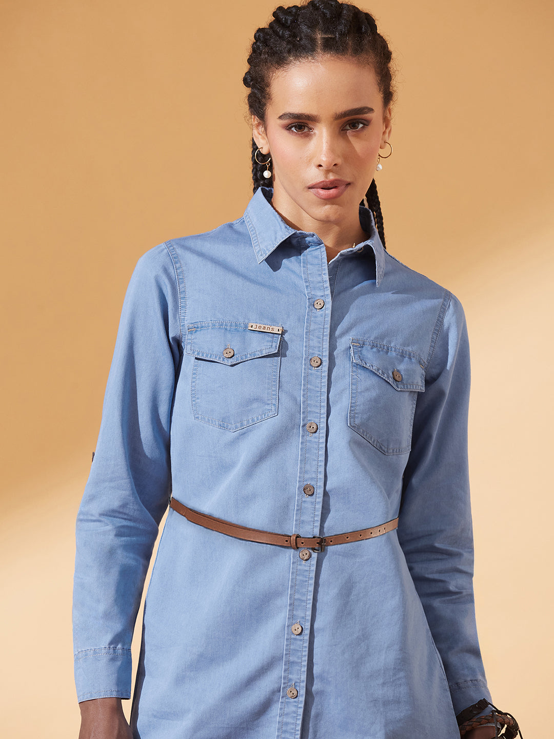 Blue Polo Neck Rolled Up Full Sleeve Denim Solid Buttoned A-Line Mini Dress for Women — Dolce Crudo