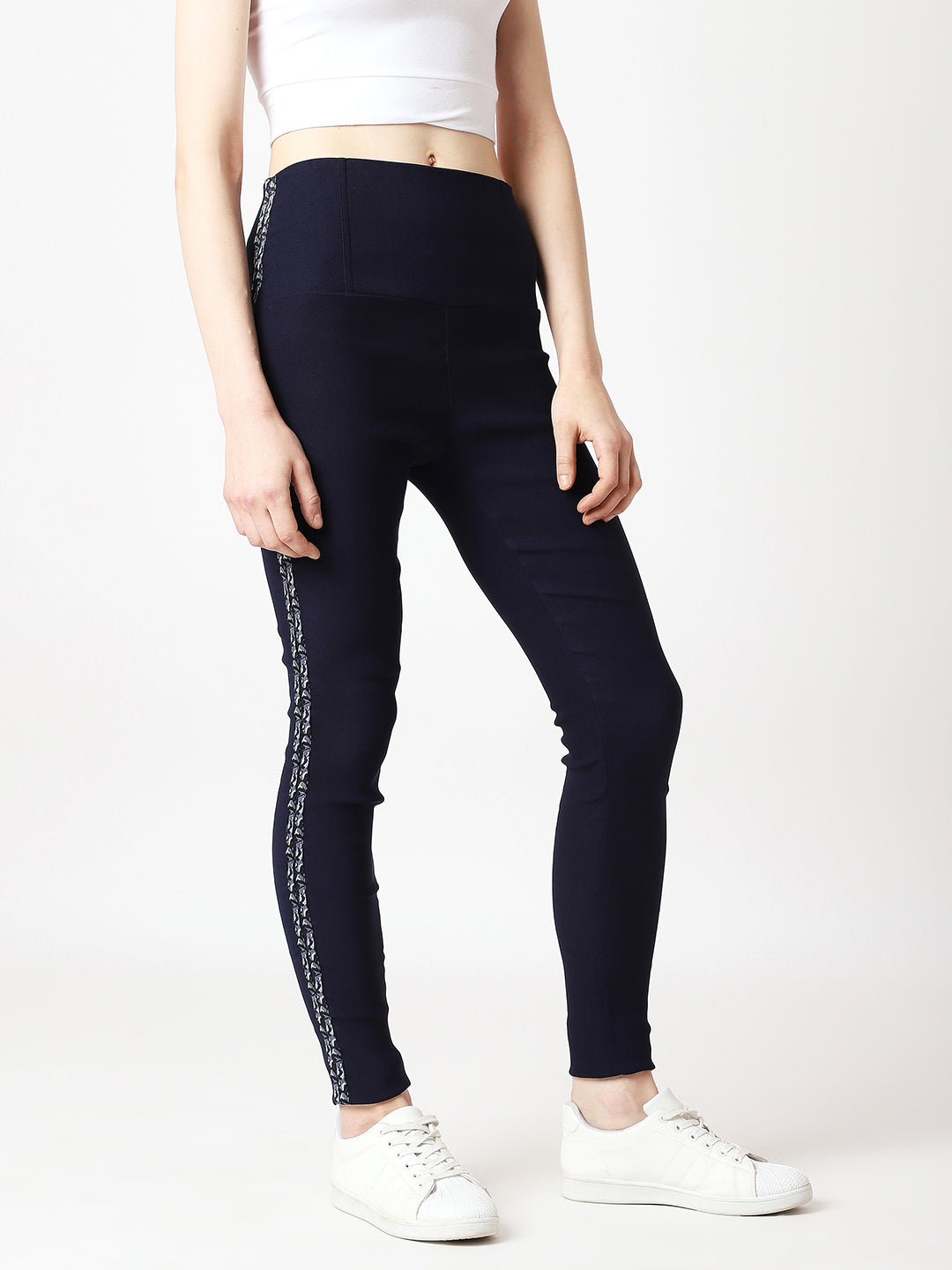 Women's Navy Blue Solid Skinny High Waist Multicolored Camo Twill Tape Detailing Regular Length Jeggings