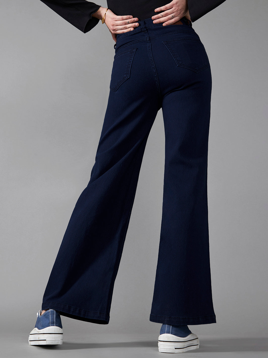 24/7 Comfort Women's Navy Blue Wide Leg High Rise Clean Look Regular Length Stretchable Denim Jeans